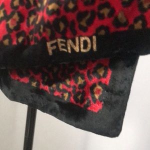 FENDI Vintage Silk Velvet Scarf red w black border Leopard Print soft gold color
